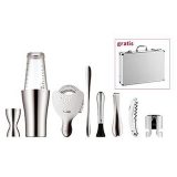 Trusa bar din inox, contine shaker, rac, dop, cleste gheata, strecuratoare, masura bar, lingurita lunga, servieta cadou